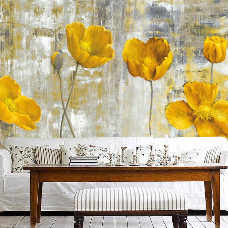 Grey-Yellow Tulips Wall Mural Flower Modern Style Waterproof Wall Covering for Stairway