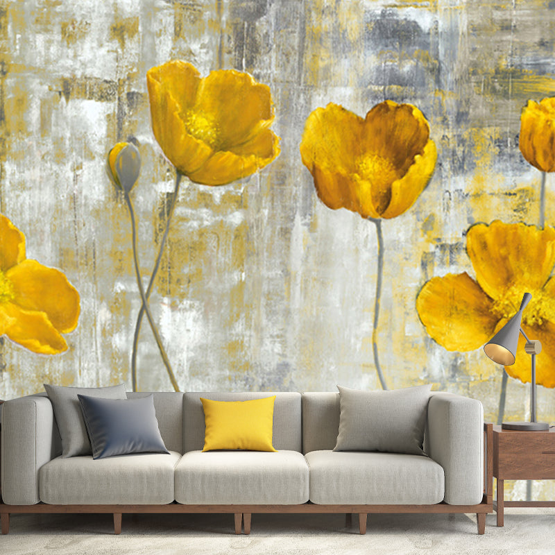 Grey-Yellow Tulips Wall Mural Flower Modern Style Waterproof Wall Covering for Stairway