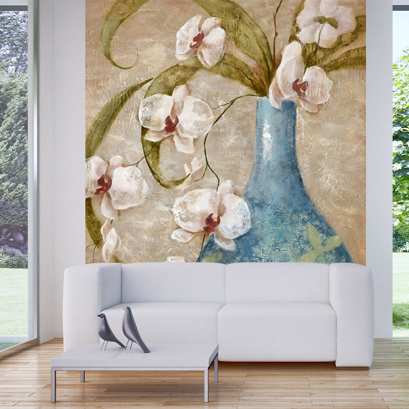 Orchid Flower Vase Wallpaper Mural Contemporary Smooth Texture Wall Decor in Blue-Brown
