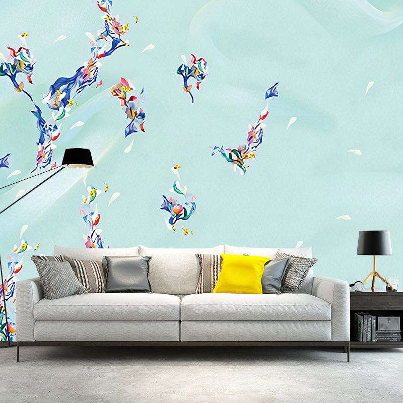 Illustration Floral Print Murals Wallpaper for Bedroom, Blue, Custom Size Available