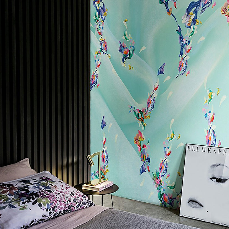 Illustration Floral Print Murals Wallpaper for Bedroom, Blue, Custom Size Available
