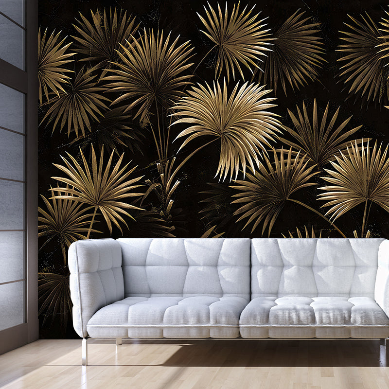 Tropical Plant Fern Leaves Mural Gold and Black Waterproof Wall Decor for Living Room
