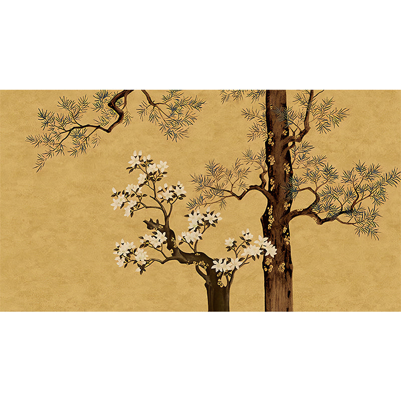 Yellow Oriental Wallpaper Murals Large Pine Branch and Flower Print Wall Art for Family Room