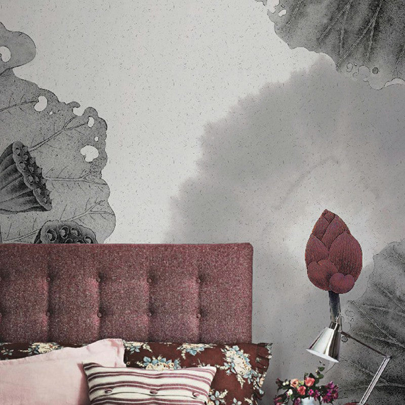 Lotus Print Murals Wallpaper Grey and Red Asian Style Wall Covering for Bedroom Decor