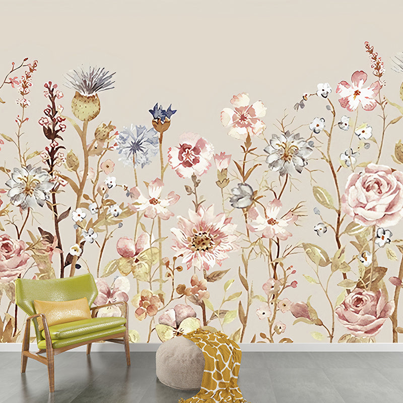 Watercolour Flower Wall Murals Orange Countryside Wall Art for Bedroom, Non-Woven Material