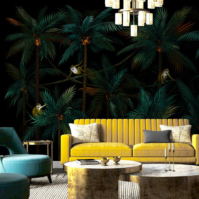 Tropical Coconut Jungle Wall Murals Dark Color Living Room Wall Decoration, Custom Size