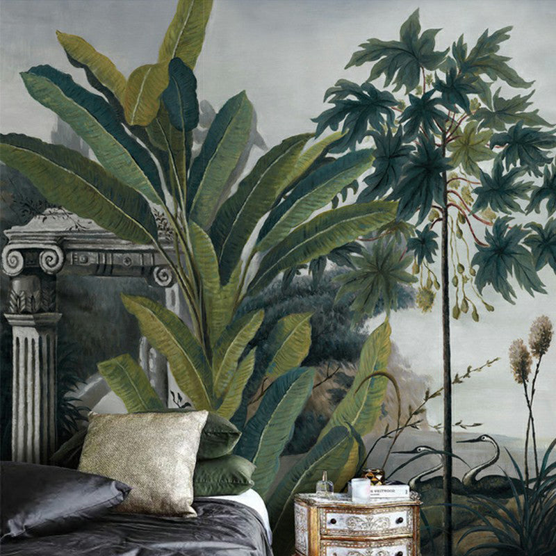 Whole Illustration Tropical Murals with Lakeside Scenery Pattern, Blackish Green