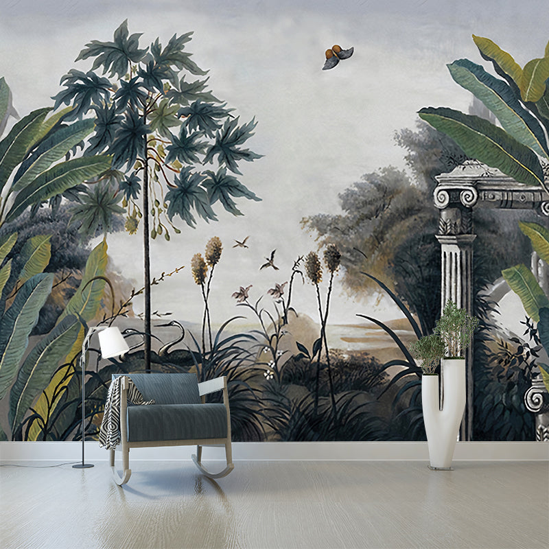 Whole Illustration Tropical Murals with Lakeside Scenery Pattern, Blackish Green