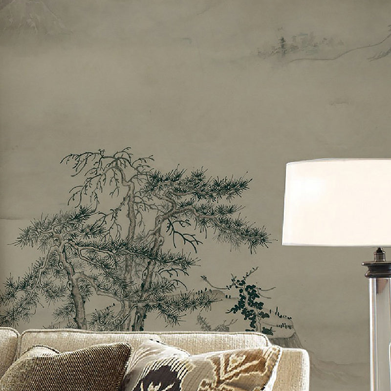 Asian Pine Tree Wall Murals for Home Decor Custom Wall Covering in Grey-Light Yellow