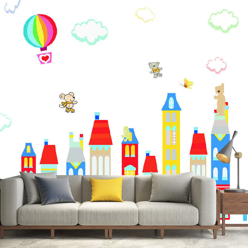Cartoon-Fantasie-Häuser-Wandbild, pastellfarben, schmutzabweisende Wanddekoration für den Kindergarten