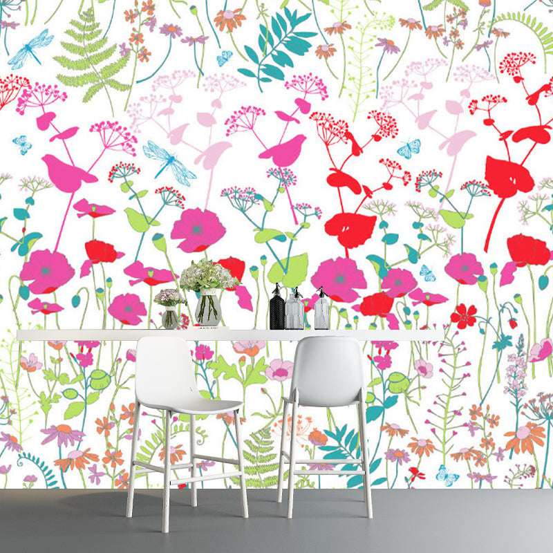 Trendy Floral Print Wall Mural Pink and Green Girls Bedroom Wall Art, Size Optional
