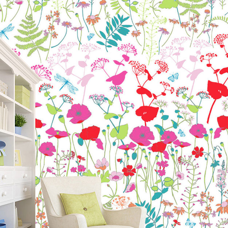 Trendy Floral Print Wall Mural Pink and Green Girls Bedroom Wall Art, Size Optional