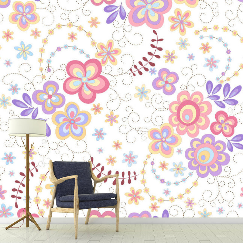 Modernist Flowers Wall Murals Purple and Pink Girls Bedroom Wall Decoration, Custom Size