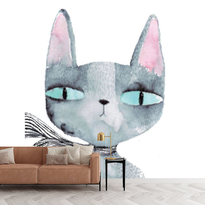 Childrens Art Cartoon Cat Murals Grey Stain-Resistant Wall Covering for Girls Bedroom