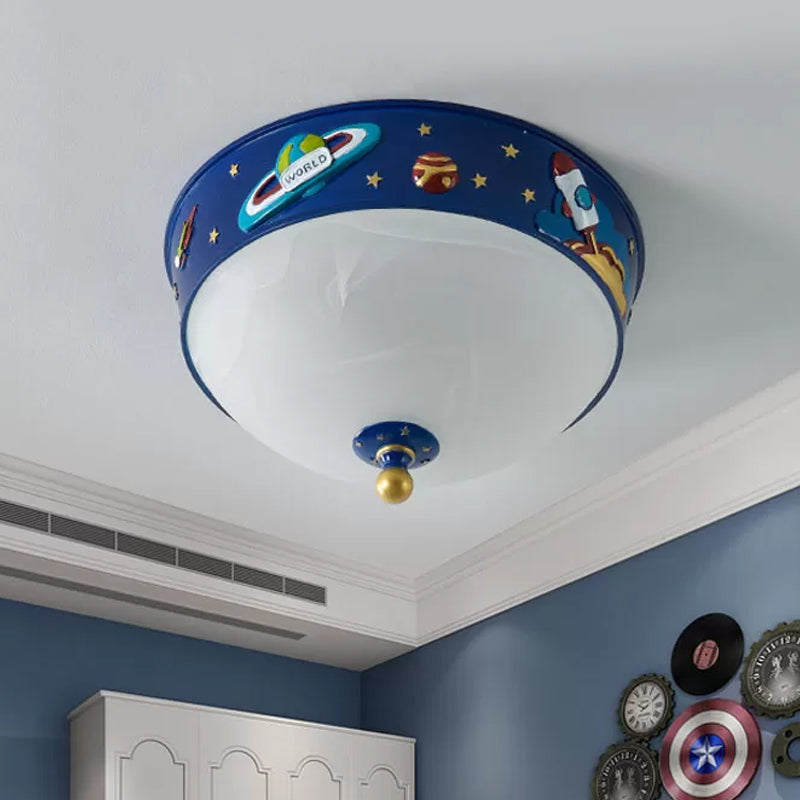 Plafonnier LED en forme de bol en verre blanc, éclairage encastré bleu avec motif d'espace dans une lumière chaude/blanche