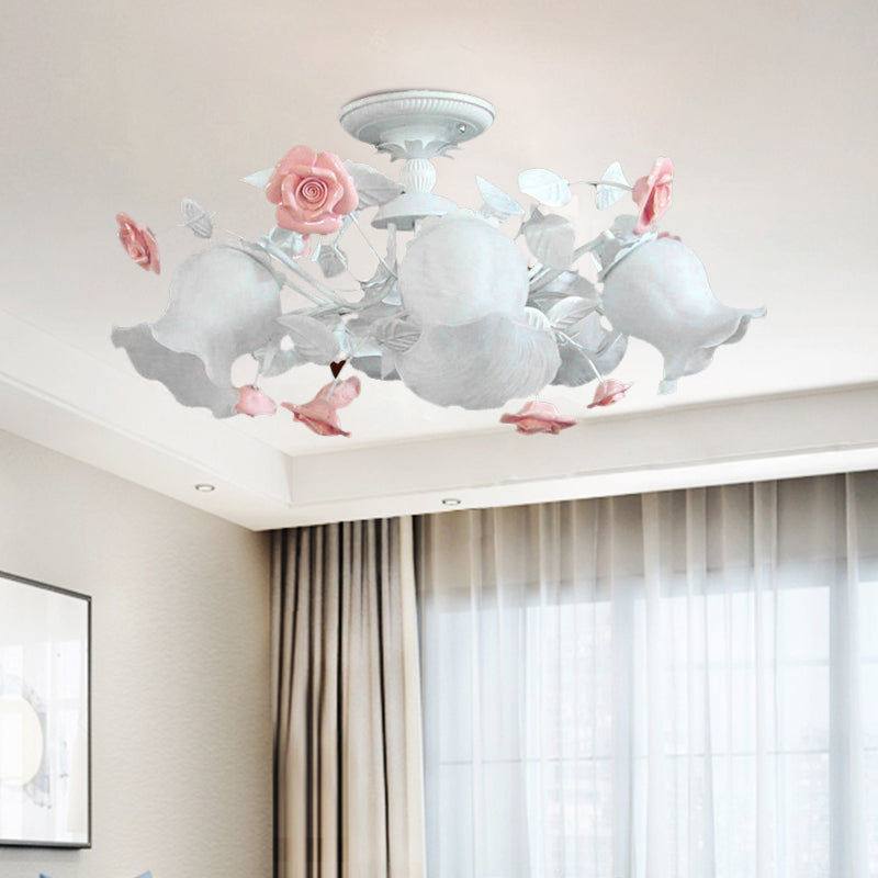 6 Heads Semi Flush Light Korean Garden Blossom White Glass Flush Mount Lighting Fixture