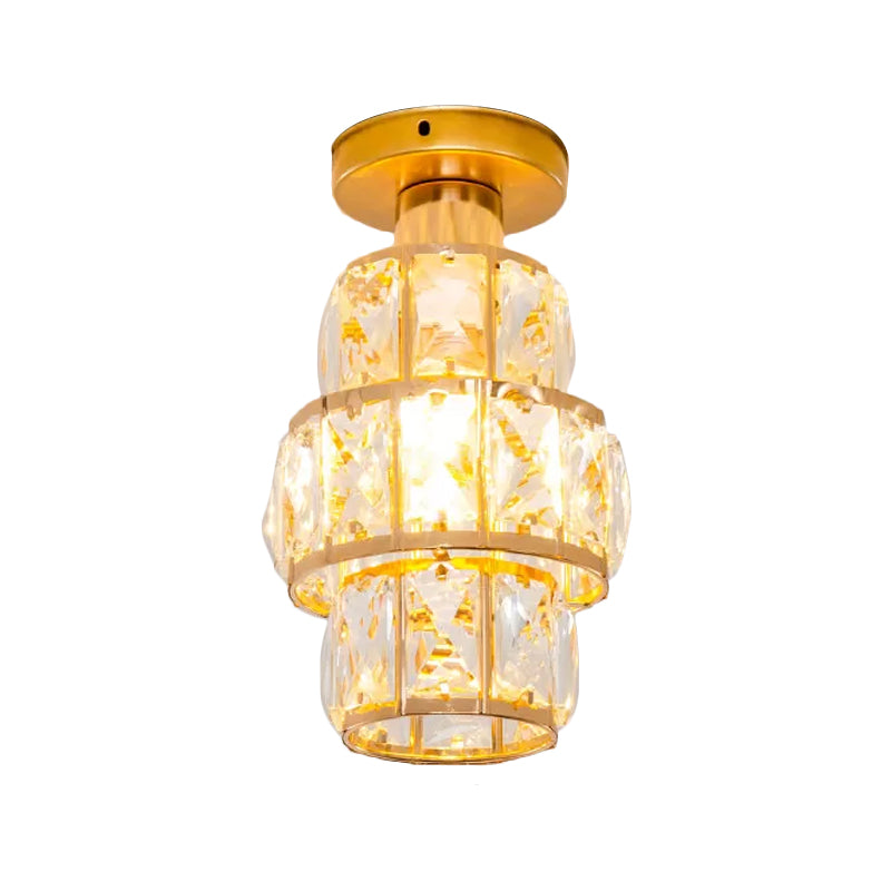 Single Beveled Crystal Inlaid Flush Light Traditional Gold Cylindrical Foyer Semi Flush Mounted Lamp