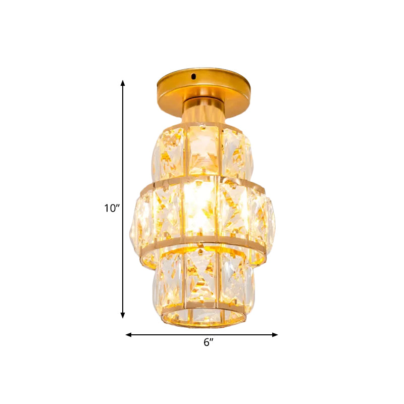 Single Beveled Crystal Inlaid Flush Light Traditional Gold Cylindrical Foyer Semi Flush Mounted Lamp