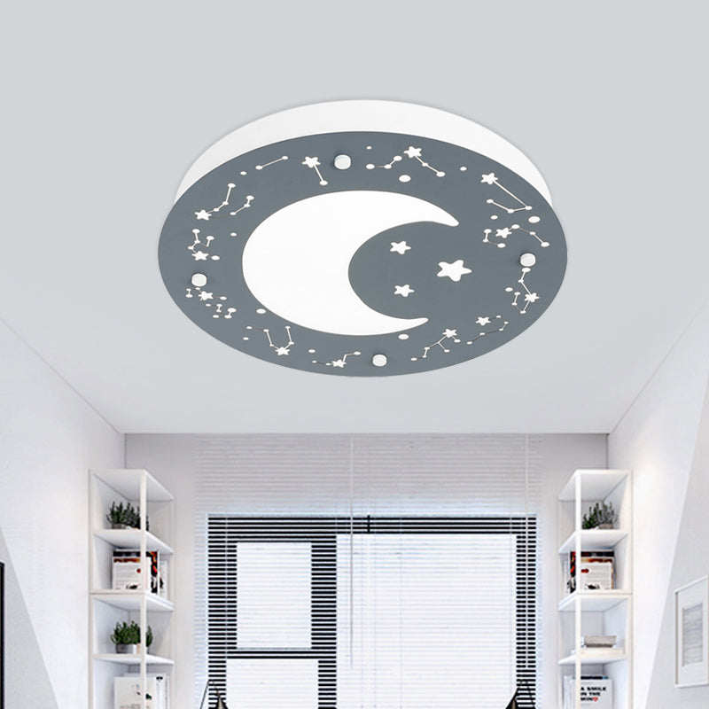 Graue/blaue Kreis Deckenleuchte Kinder LED Acryl Flush Lampe mit Mond und Sternenmuster für Nursery
