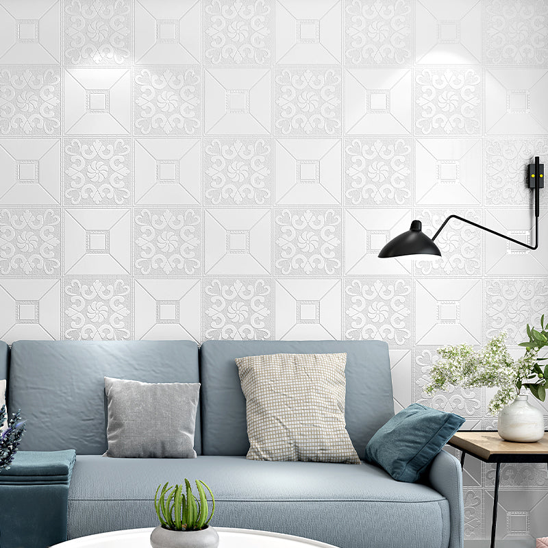 Grey-White Checkered Wallpaper Roll Moisture Resistant Modernist Living Room Wall Covering