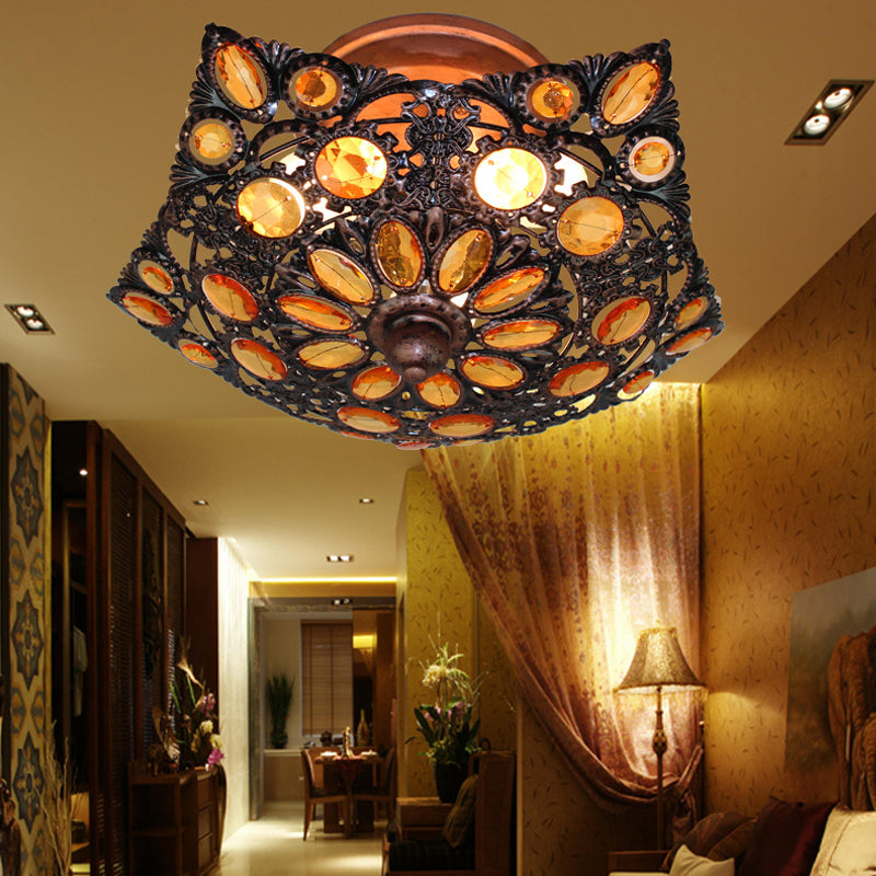 Metal Shade Brass Flushmount Lighting Hollow 3 Heads Bohemian Ceiling Mount for Hotel