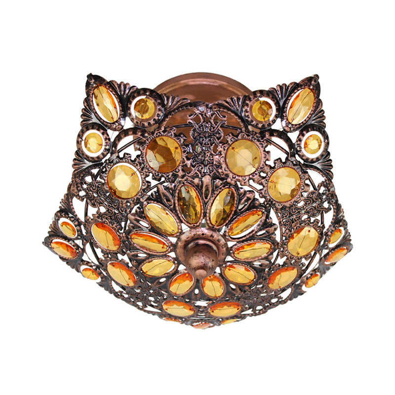 Metal Shade Brass Flushmount Lighting Hollow 3 Heads Bohemian Ceiling Mount for Hotel