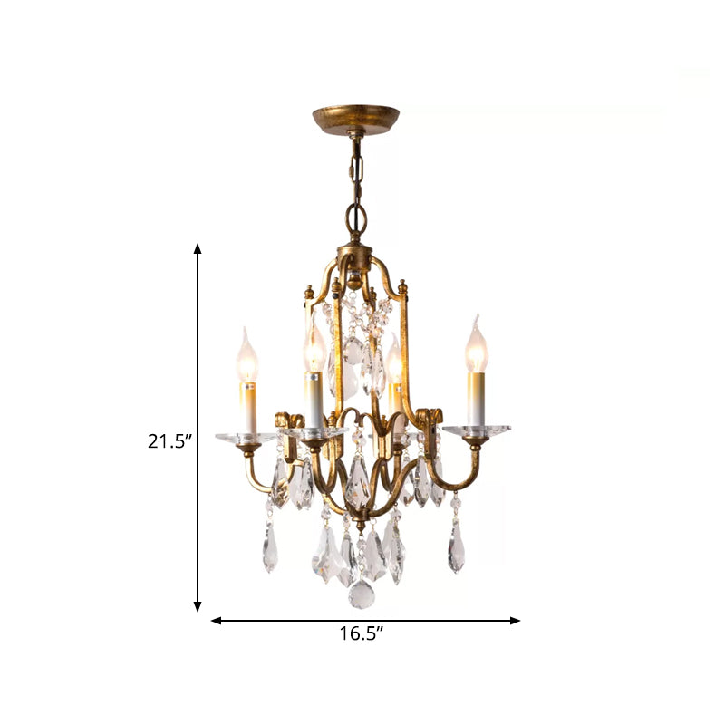 Antiqued Brass 4-Light Hanging Chandelier Rustic Crystal Candlestick Ceiling Pendant Lamp
