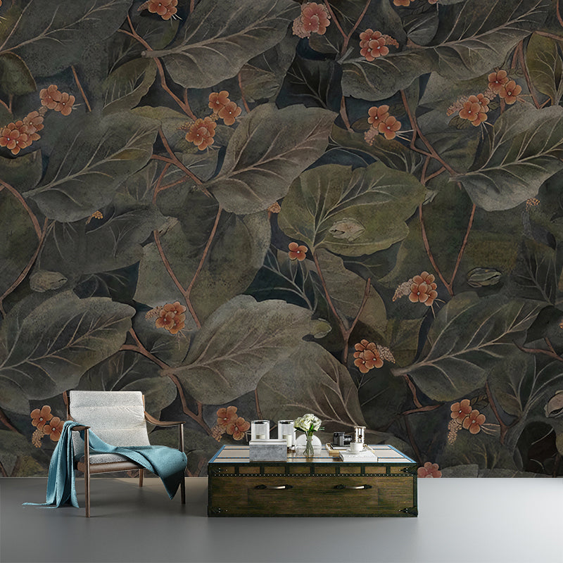 Turquoise Broad Leaf Mural Wallpaper Moisture-Resistant Wall Decor for Living Room