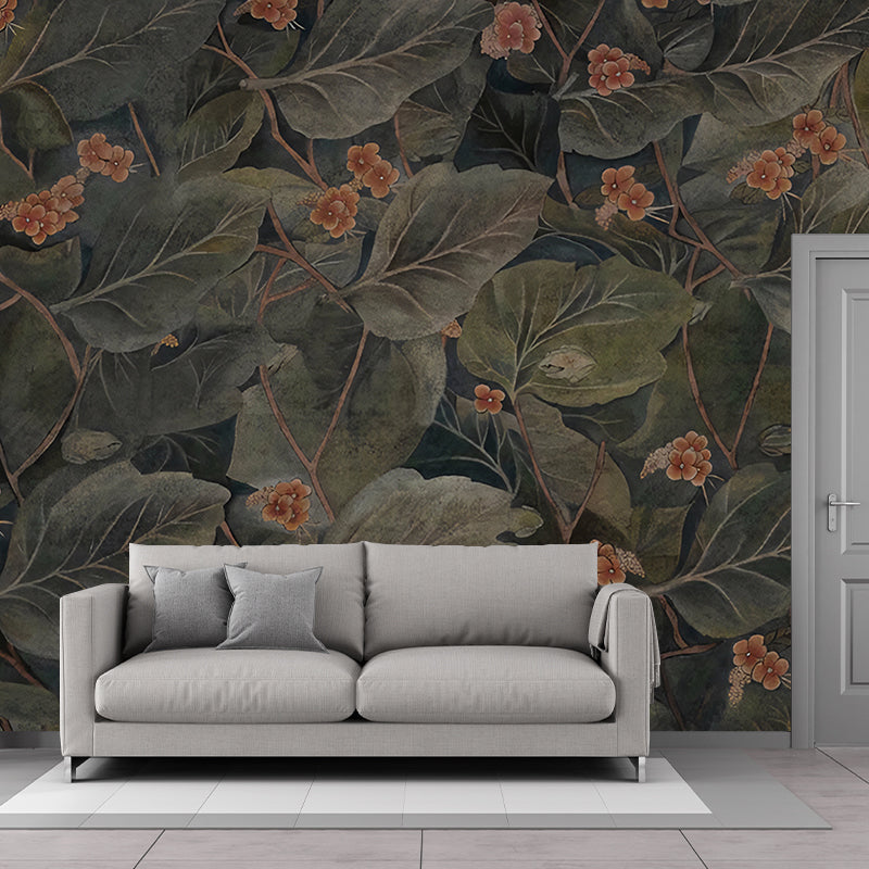 Turquoise Broad Leaf Mural Wallpaper Moisture-Resistant Wall Decor for Living Room