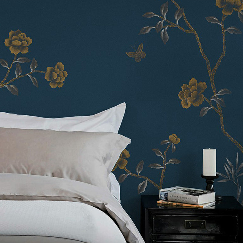 Dark Blue Chinese Wall Mural Large Flower Field Patterned Wall Art for Bedroom Decor