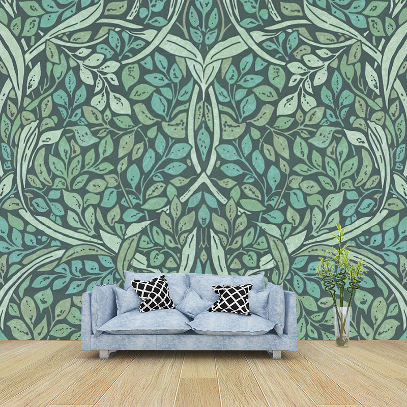Green Leafy Mural Wallpaper Stain Resistant Tropical Living Room Wall Covering, Non-Woven