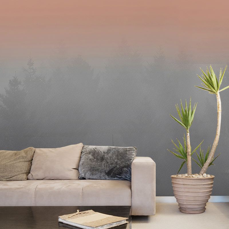 Misty Forest Morning Murals Grey and Orange Contemporary Wall Art for Home Decor