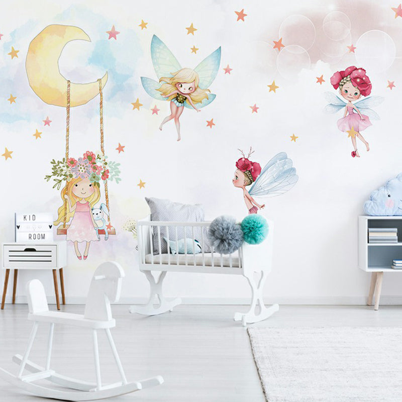 Childrens Art Girl Wallpaper Mural with Fairies Pattern White Wall Covering for Bedroom