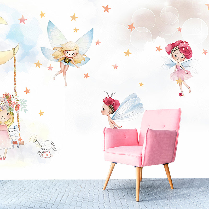 Childrens Art Girl Wallpaper Mural with Fairies Pattern White Wall Covering for Bedroom