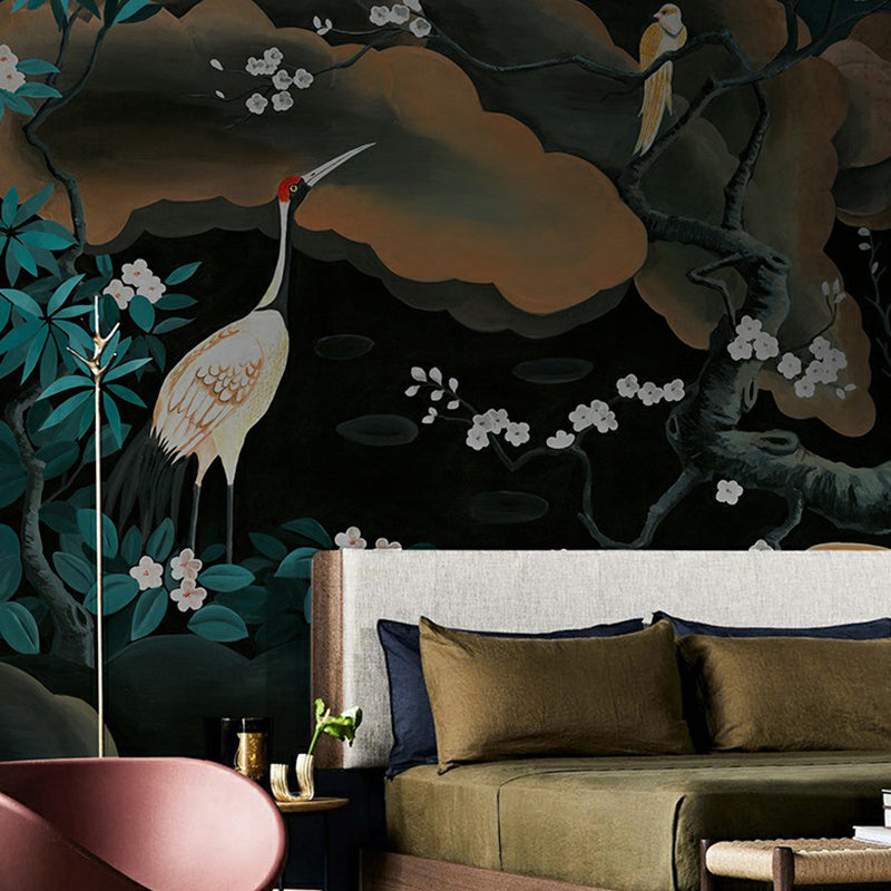 Asia Red-Crown Crane Mural for Accent Wall Personalized Wall Covering in Black-Green