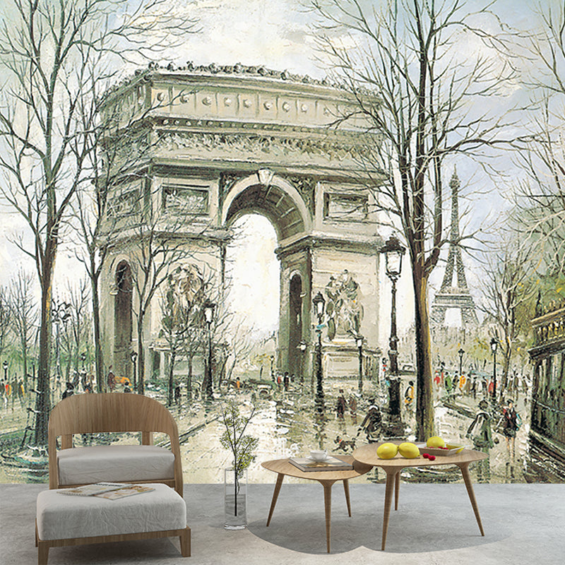 Classical Triumphal Arch Wall Murals Green and White Living Room Wall Covering, Size Optional
