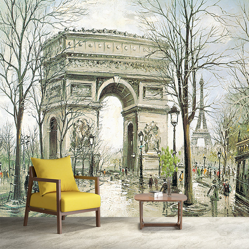 Classical Triumphal Arch Wall Murals Green and White Living Room Wall Covering, Size Optional