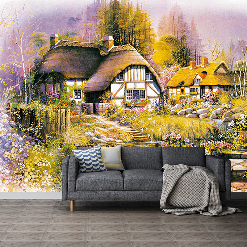 Village House Drawing Wall Murals Brown-Green-Yellow Stain Proof Wall Decoration