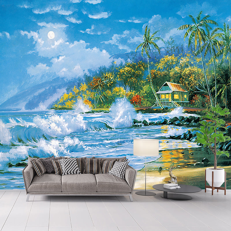 Aqua Sea Shore House Murals Stain Resistant Classic Bedroom Wall Decoration, Non-Woven