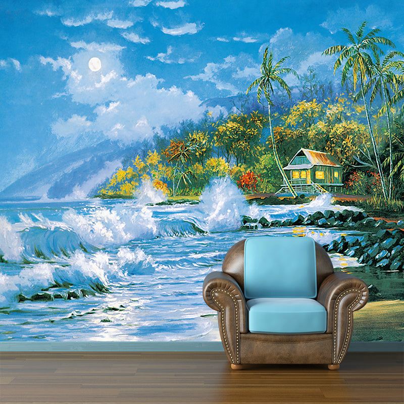 Aqua Sea Shore House Murals Stain Resistant Classic Bedroom Wall Decoration, Non-Woven