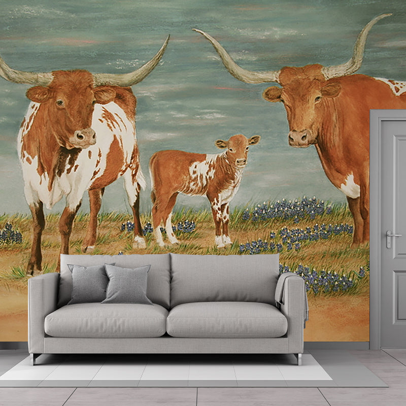 Rustic Milk Cow Painting Murals Brown Animal Wall Covering for Living Room Decoration