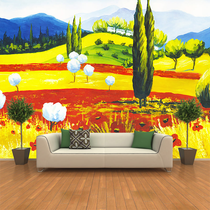 Classic Cotton Shrubs Murals Red-Yellow-Blue-Green Landscape Painting Wall Decor