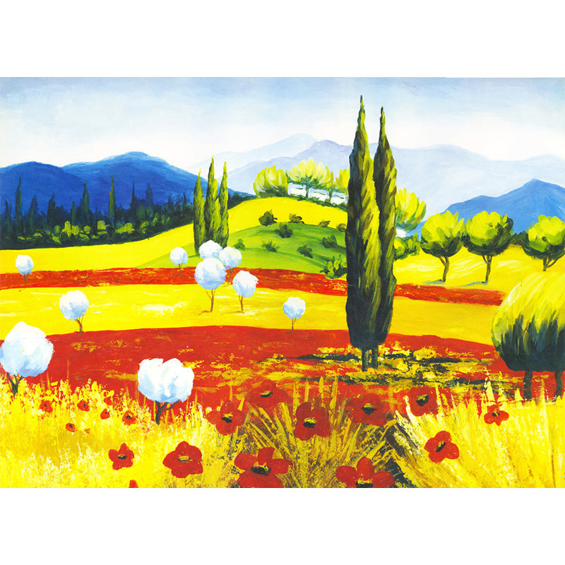 Classic Cotton Shrubs Murals Red-Yellow-Blue-Green Landscape Painting Wall Decor