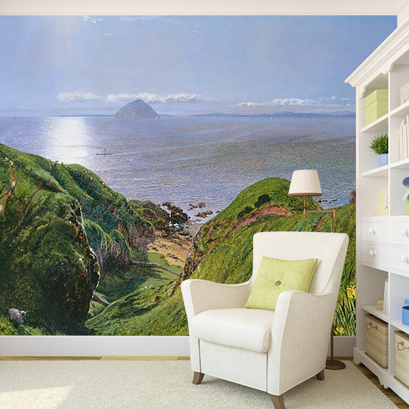 Blue-Green Coast Mountains Mural Landscape Modern Waterproof Wall Art for Home Decor