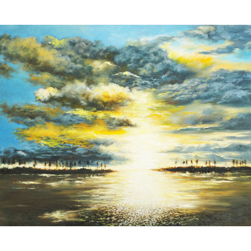 Sunrise Lake Scenic Wall Murals Classical Smooth Wall Covering in Yellow-Blue, Stain Proof