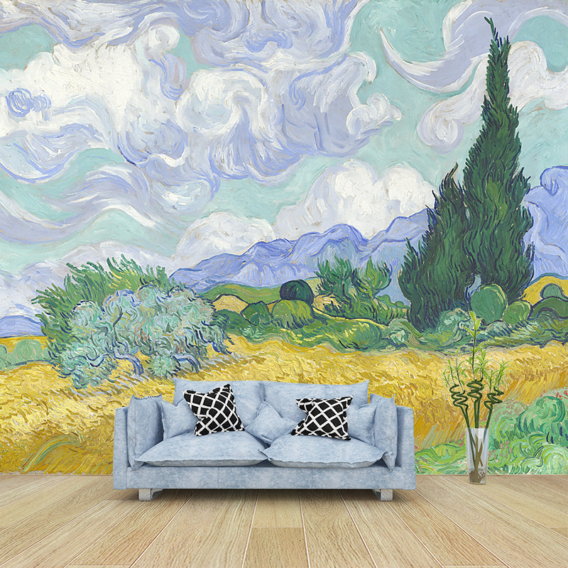 Wheat Field with Cypresses Mural Classic Moisture Resistant Bedroom Wall Covering, Optional Size