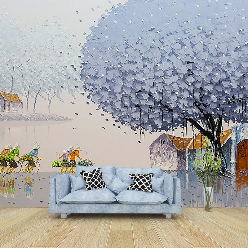 Classic Farming Drawing Wall Mural Grey and Purple Art Wall Decoration for Living Room