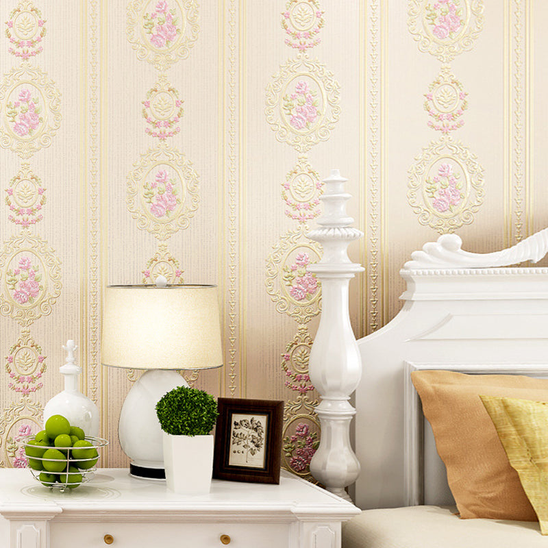Unpasted Wallpaper Roll Rustic Non-Woven Wall Decor with Stripe and Peony Pattern, 57.1-sq ft