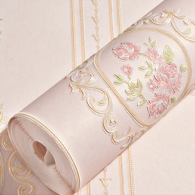 Unpasted Wallpaper Roll Rustic Non-Woven Wall Decor with Stripe and Peony Pattern, 57.1-sq ft