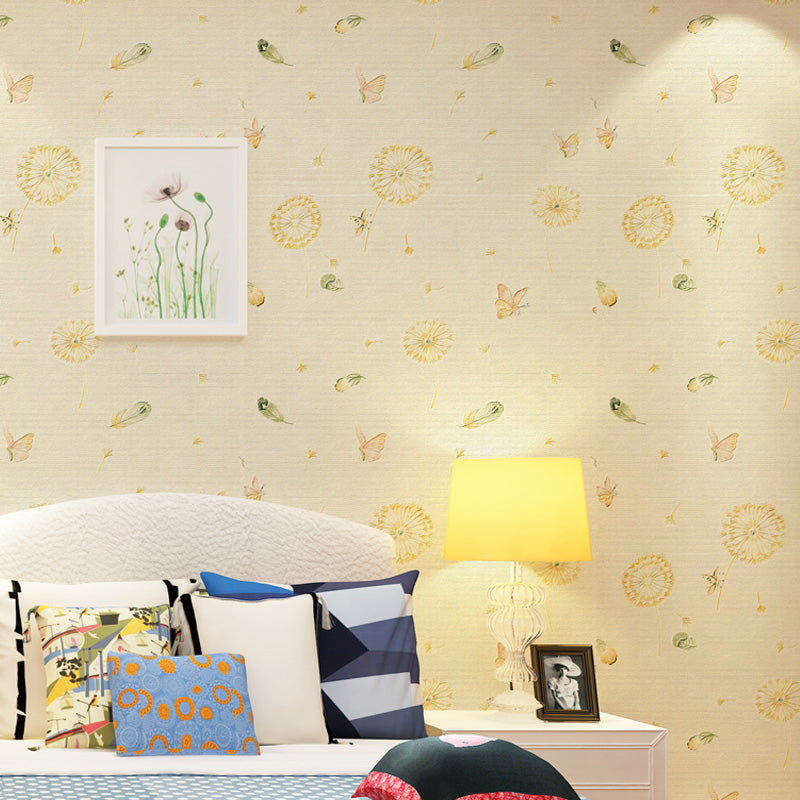 Plants Dandelion and Butterfly Wallpaper Novelty Non-Woven Fabric Wall Decor in Light Color